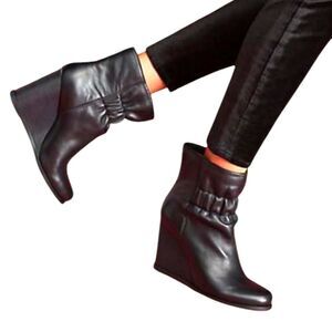 Anthro Splendid Rebecca Wedge Ankle Boots Slouchy Leather‎ Black Round Toe 6